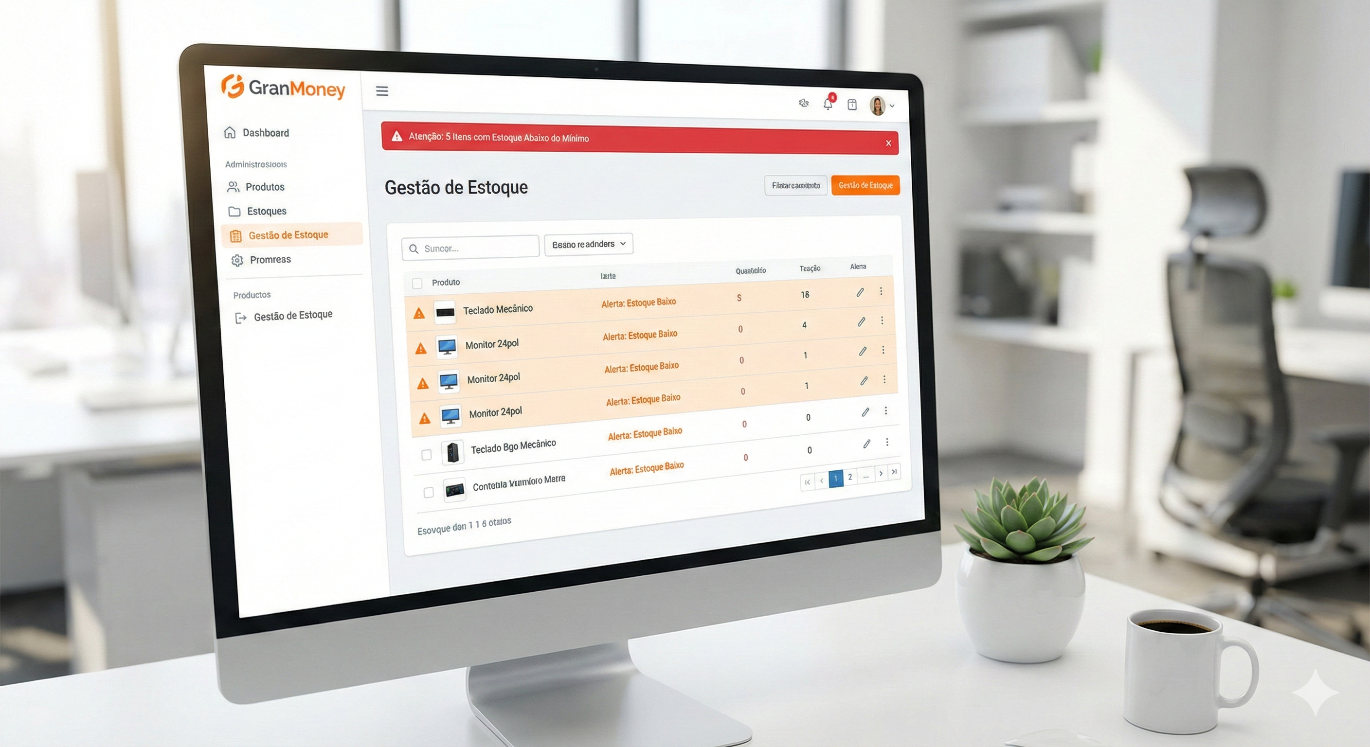 Interface do sistema GranMoney mostrando dashboard de controle de estoque com gráficos de movimentação, alertas de reposição e curva ABC