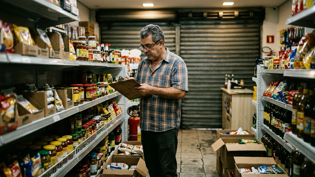 Imagem ilustrativa: dono de um mercadinho com a porta de aço fechada, de prancheta na mão, contando produtos nas prateleiras com caixas abertas no chão.