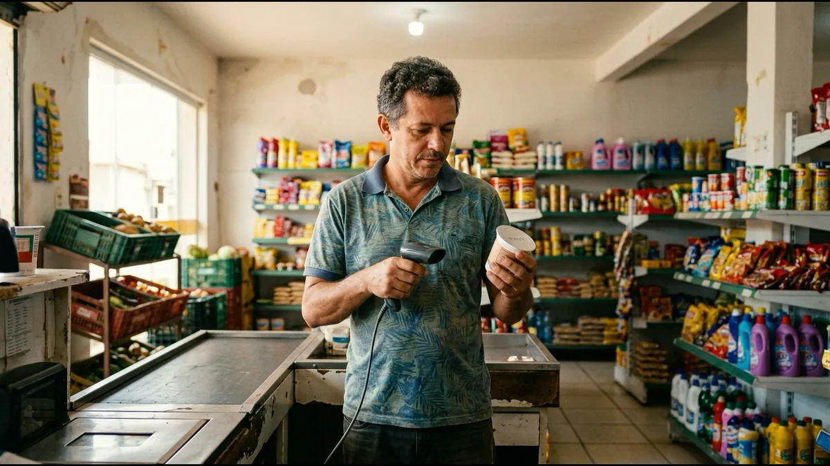 Imagem ilustrativa: dono de mercadinho passa um produto no leitor de código de barras e confere a validade de um iogurte.