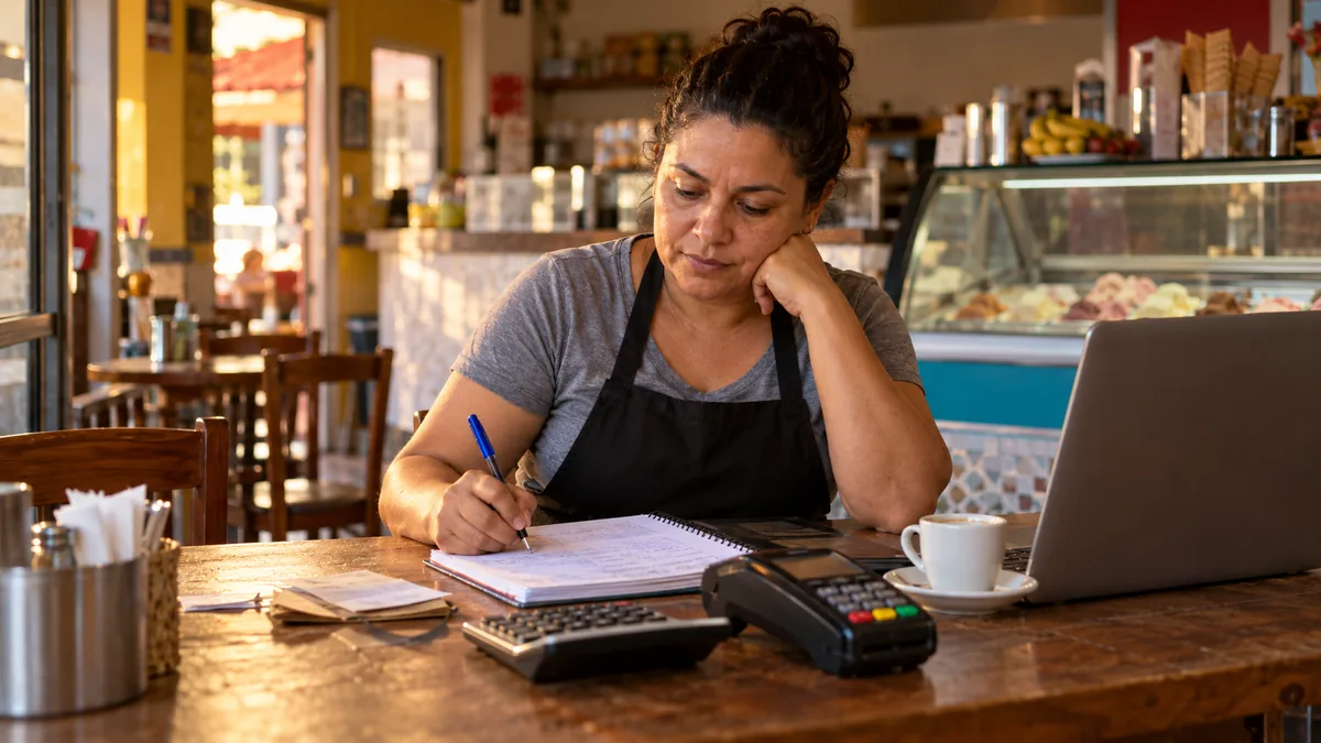 Imagem ilustrativa: dona de uma sorveteria sentada no fundo da loja no fim do dia, revisando as contas no caderno, com calculadora, maquininha de cartão e café.
