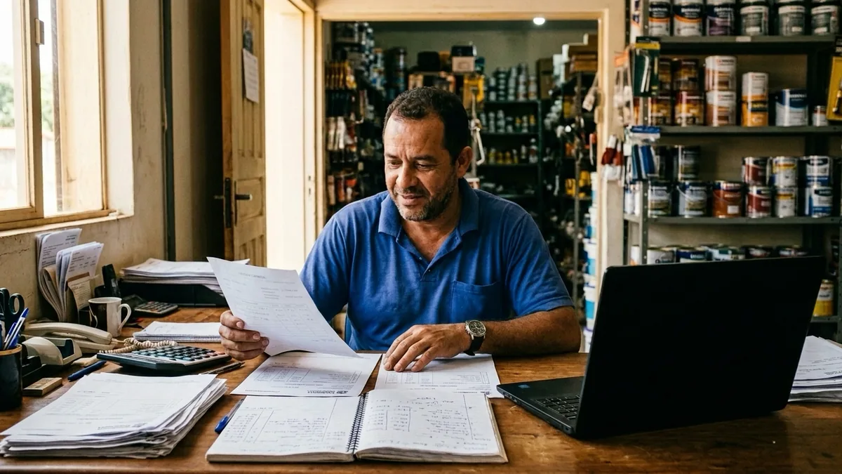 Imagem ilustrativa: dono de uma loja de materiais de construção no escritório dos fundos, comparando duas propostas impressas sobre a mesa cheia de notas, com o notebook virado de costas.