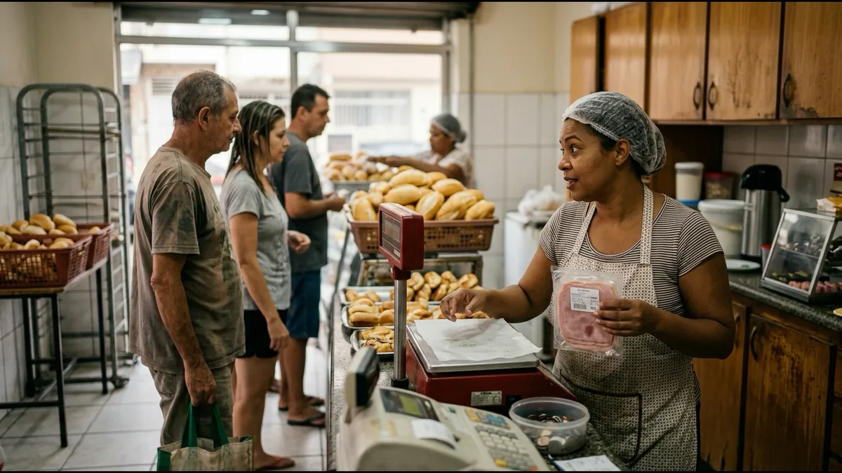 Imagem ilustrativa: dona de padaria pesa frios na balança do balcão enquanto clientes esperam o pão na fila.