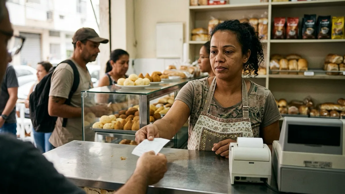 Imagem ilustrativa: dona de uma pequena padaria no balcão entregando o cupom impresso a uma cliente, com a impressora térmica ao lado do caixa e fila pela manhã.