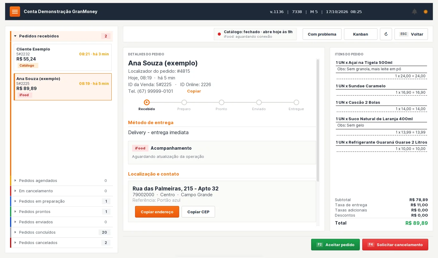 Fila de delivery do PDV com pedido do iFood selecionado, etapas do pedido, endereço, itens com observação e botão Aceitar pedido