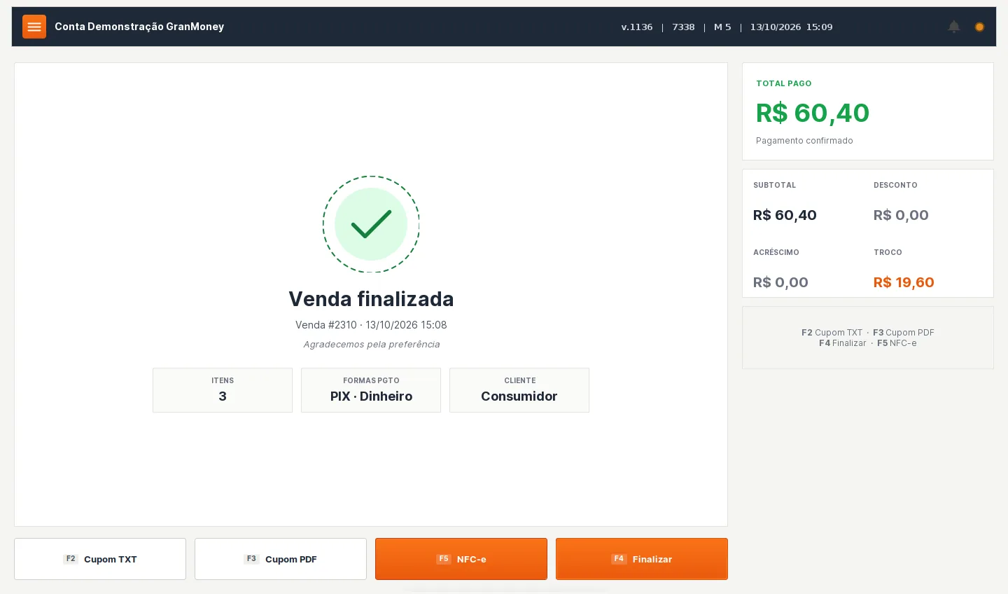 Tela Venda finalizada do PDV 2.0 com total de R$ 60,40, total pago de R$ 60,40, troco de R$ 19,60 e botões de cupom e NFC-e