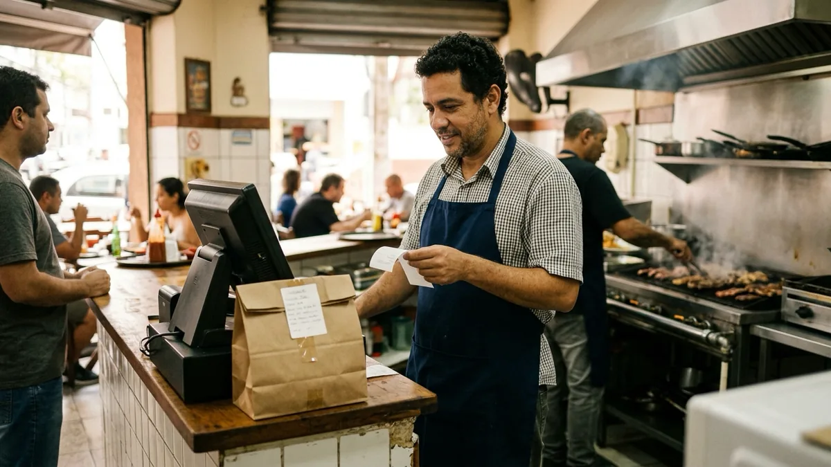 Imagem ilustrativa: dono de um pequeno restaurante no balcão, no horário de pico, lendo o pedido impresso ao lado do caixa, com uma sacola de entrega pronta e a cozinha trabalhando ao fundo.