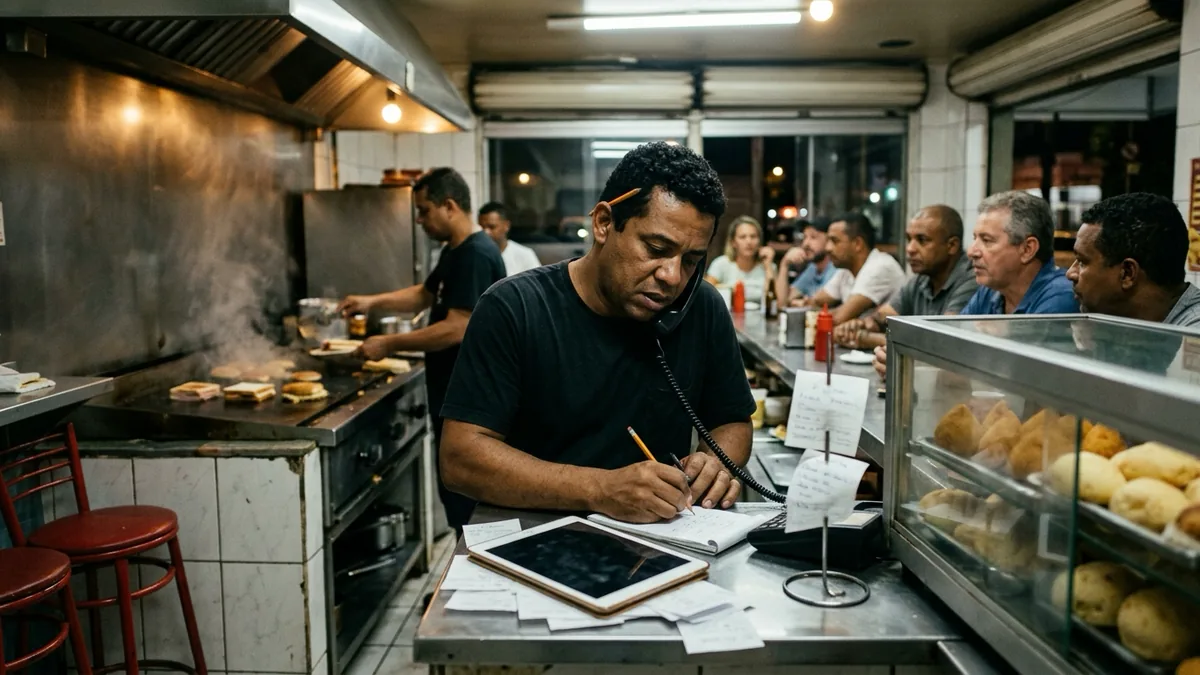 Imagem ilustrativa: dono de uma lanchonete à noite anotando um pedido ao telefone no balcão, cercado de papéis, enquanto clientes esperam e lanches ficam prontos na chapa.