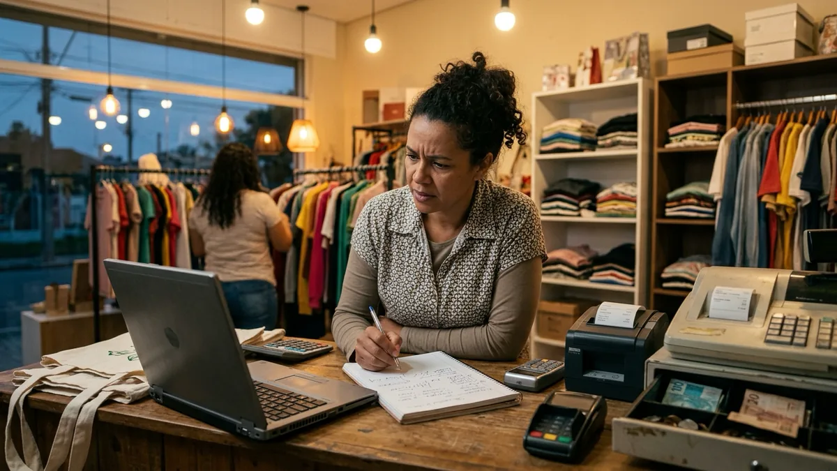 Imagem ilustrativa: dona de uma pequena loja de roupas e presentes atrás do balcão, conferindo um caderno de vendas ao lado do notebook e da gaveta do caixa aberta, com expressão de dúvida.