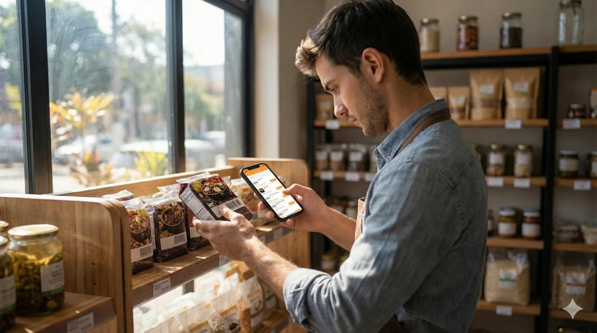 Funcionário realizando contagem de inventário físico com tablet conectado ao sistema GranMoney para registro em tempo real