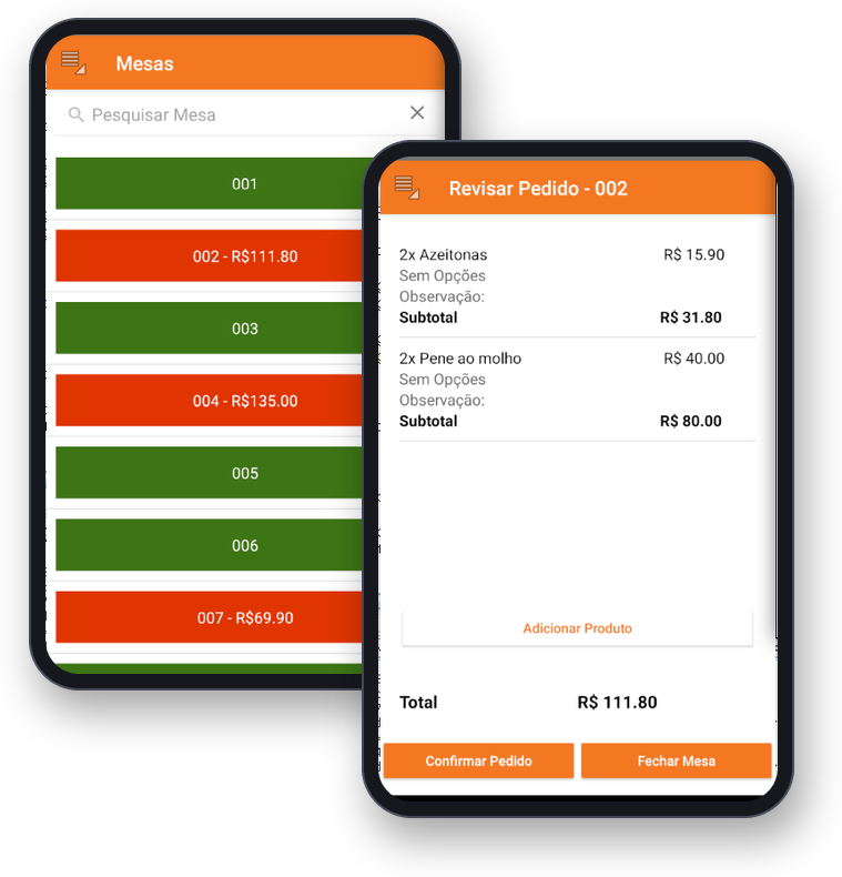 Telas do app GranMoney Atendimento: mesas e revisão do pedido