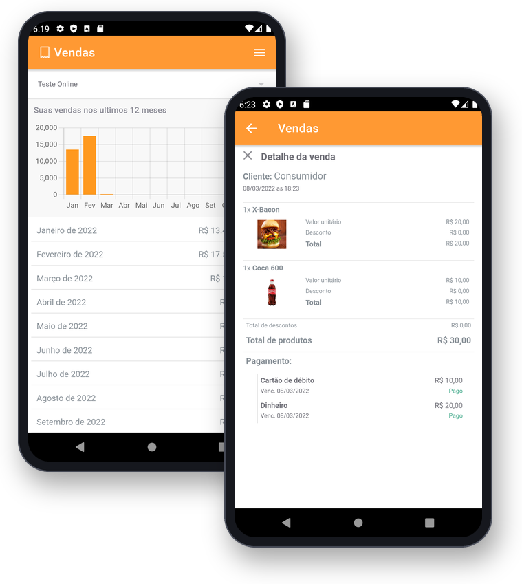 Telas do app GranMoney Go: vendas do ano e detalhe da venda