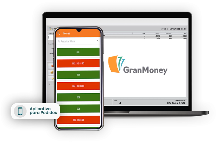 Sistema GranMoney com Frente de Caixa PDV online grátis integrado a um aplicativo de comandas e mesas para garçon retirar pedidos