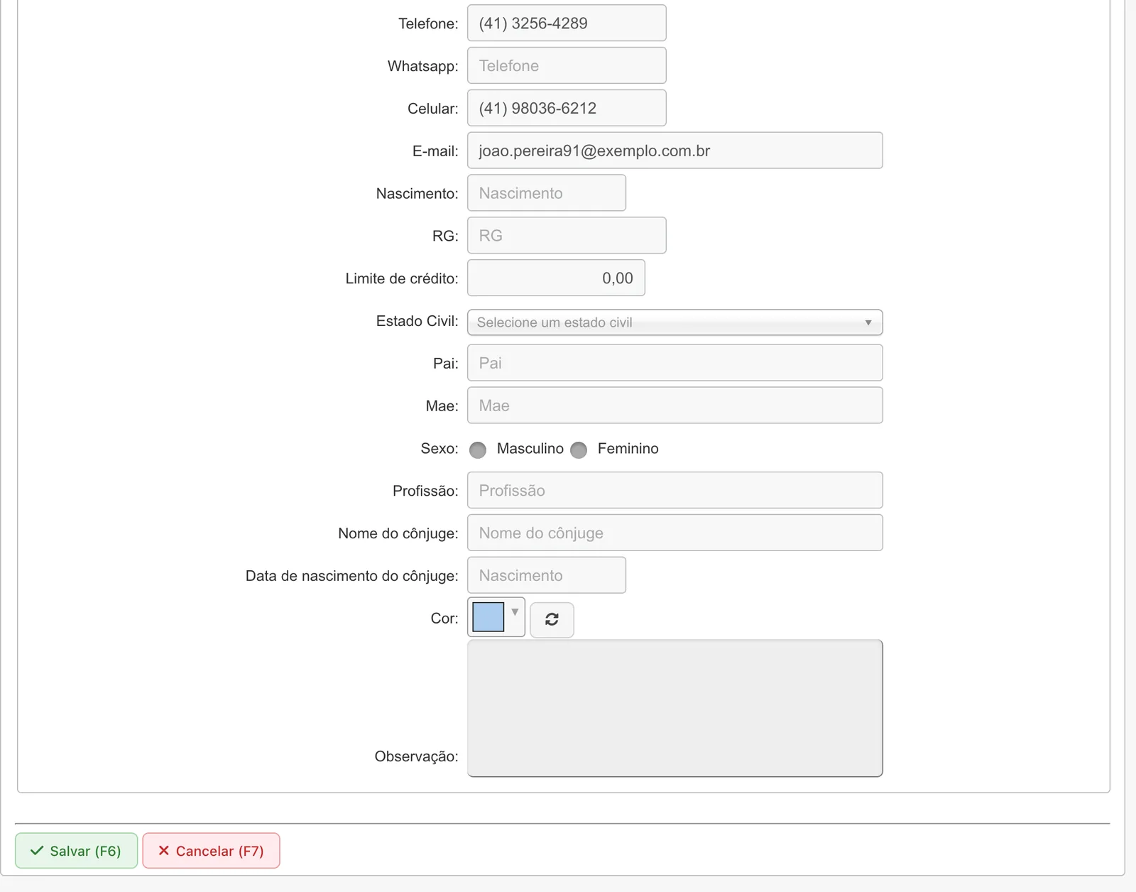 Parte inferior da ficha do cliente com telefone, WhatsApp, celular, e-mail, nascimento, RG, limite de crédito, estado civil, pai, mãe, sexo, profissão, cônjuge, cor e observação.