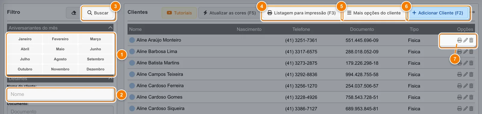 Cadastros > Clientes com os meses de Aniversariantes do mês (1), o campo Nome do cliente (2), Buscar (3), Listagem para impressão (4), Mais opções do cliente (5), Adicionar Cliente (6) e os ícones de opções da primeira linha (7).