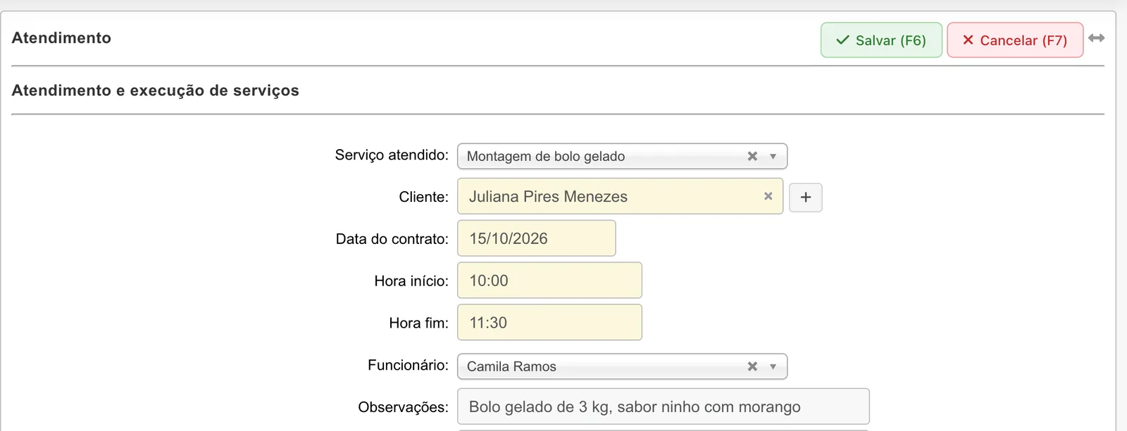 Atendimento avulso já salvo de Juliana Pires Menezes aberto para edição, com os botões Salvar, Cancelar e Efetivar venda