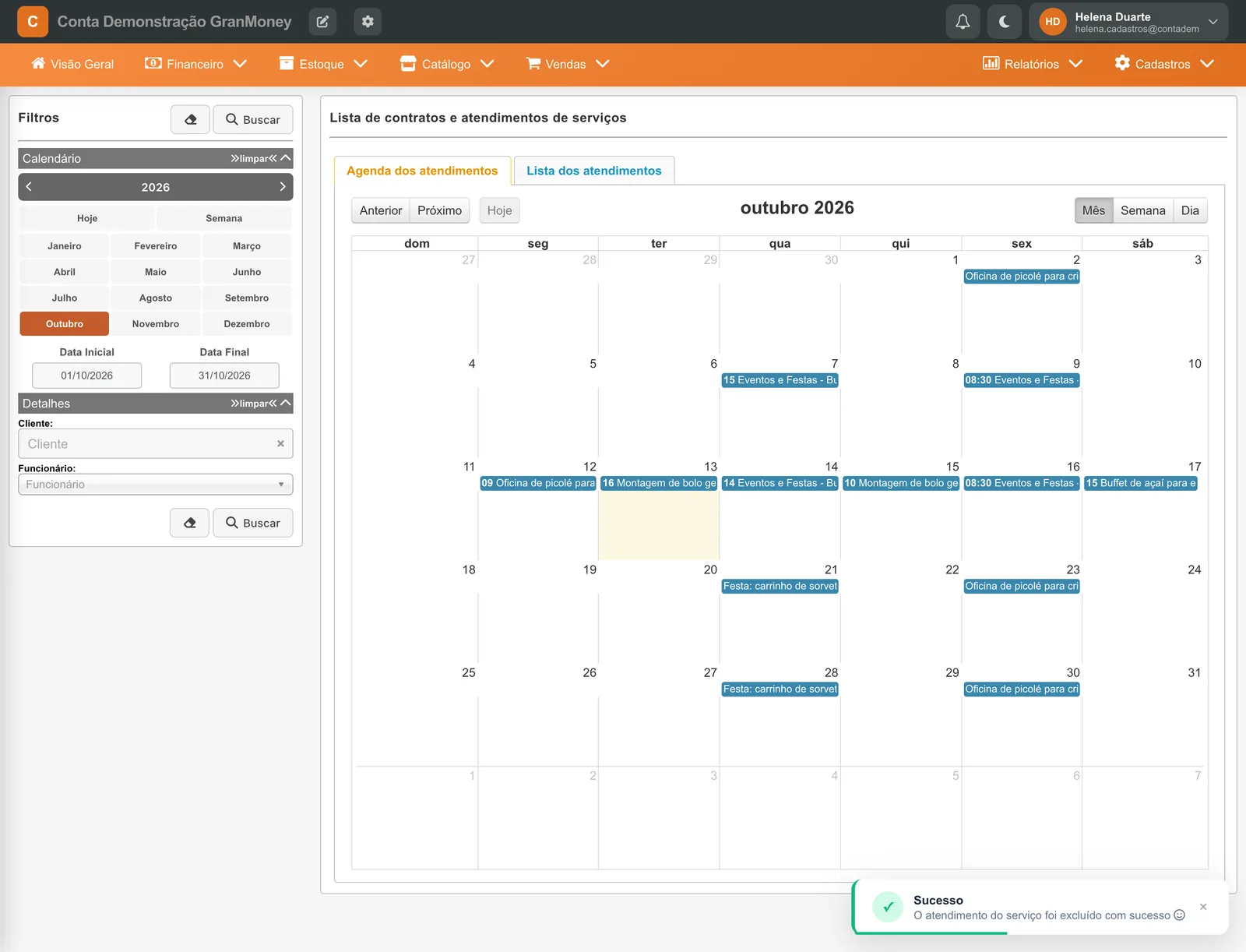 Agenda de volta ao calendário com o aviso Sucesso: O atendimento do serviço foi excluído com sucesso