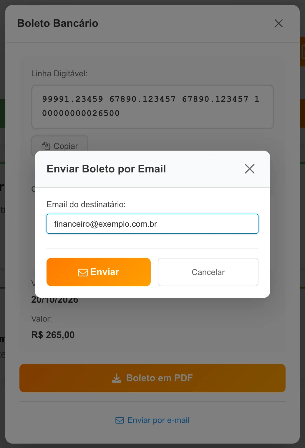 Formulário Enviar Boleto por Email com o campo Email do destinatário preenchido com um endereço de exemplo e os botões Enviar e Cancelar