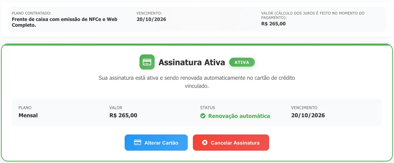 Quadro Assinatura Ativa com plano Mensal, valor, status Renovação automática, vencimento e os botões Alterar Cartão e Cancelar Assinatura