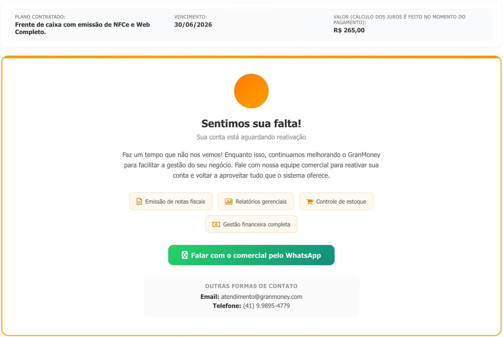 Tela Planos e Preços mostrando Sentimos sua falta!, Sua conta está aguardando reativação, os recursos do sistema e o botão Falar com o comercial pelo WhatsApp