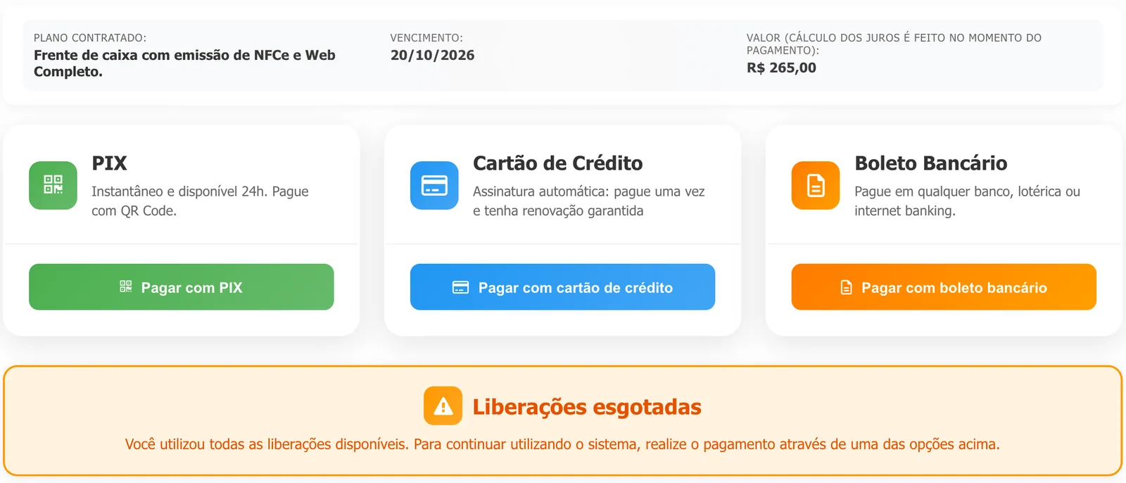 Planos e Preços com as três formas de pagamento e o aviso laranja Liberações esgotadas pedindo o pagamento por uma das opções