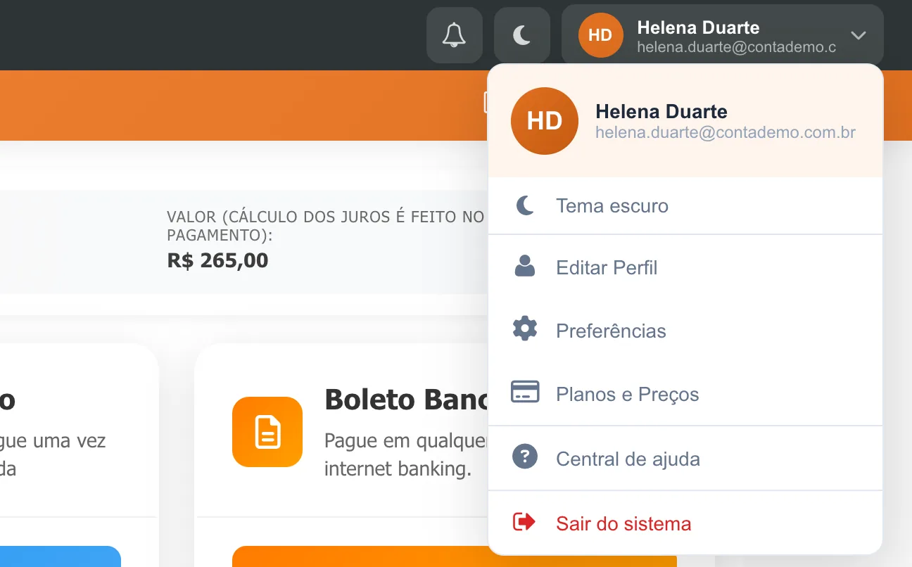 Menu do usuário aberto no cabeçalho com a opção Planos e Preços abaixo de Editar Perfil e Preferências