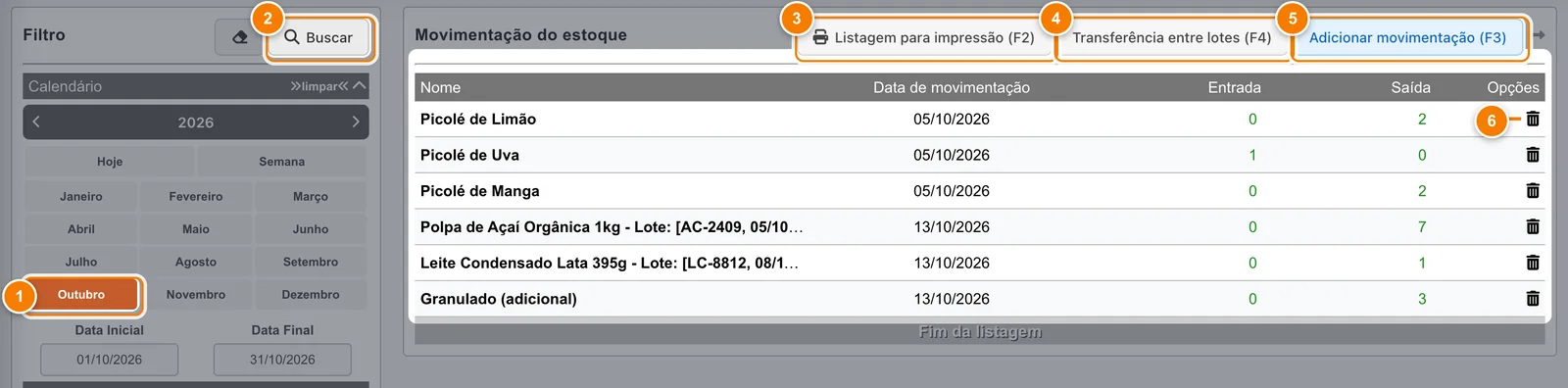 Tela Movimentação do estoque com o período Outubro marcado (1), o botão Buscar (2), os botões Listagem para impressão (3), Transferência entre lotes (4) e Adicionar movimentação (5) e a lixeira da primeira linha (6).