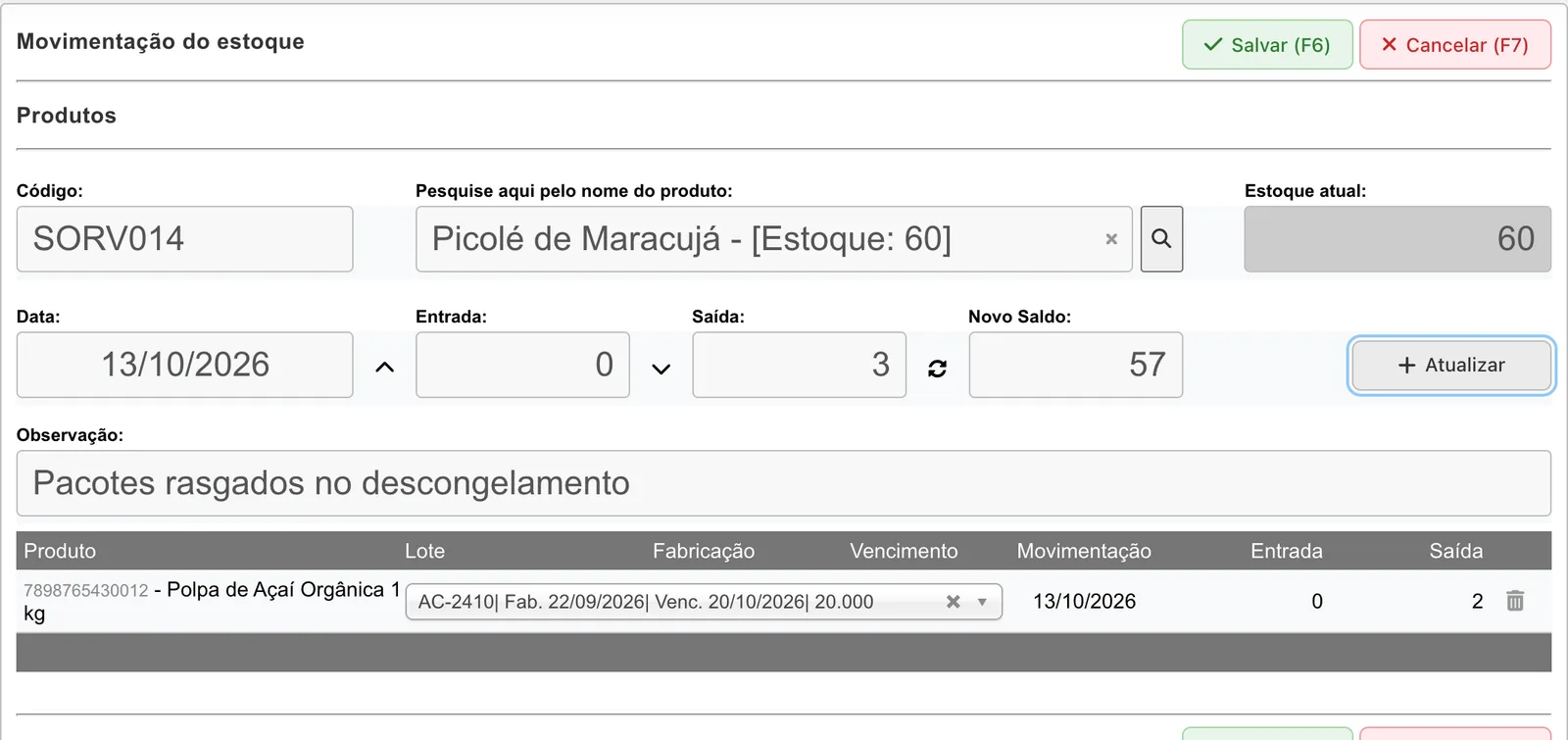 Painel Movimentação do estoque com o Picolé de Maracujá localizado pelo código SORV014, estoque atual 60, novo saldo 57 calculando saída 3, observação preenchida e na grade a Polpa de Açaí com saída de 2 no lote AC-2410