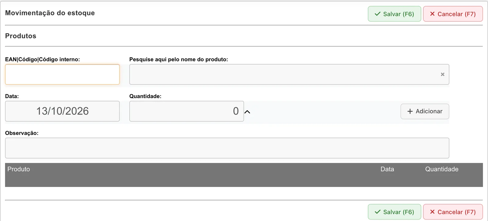 Tela de transferência entre lotes com campos de código, busca de produto, data, quantidade, observação e grade de produto, data e quantidade