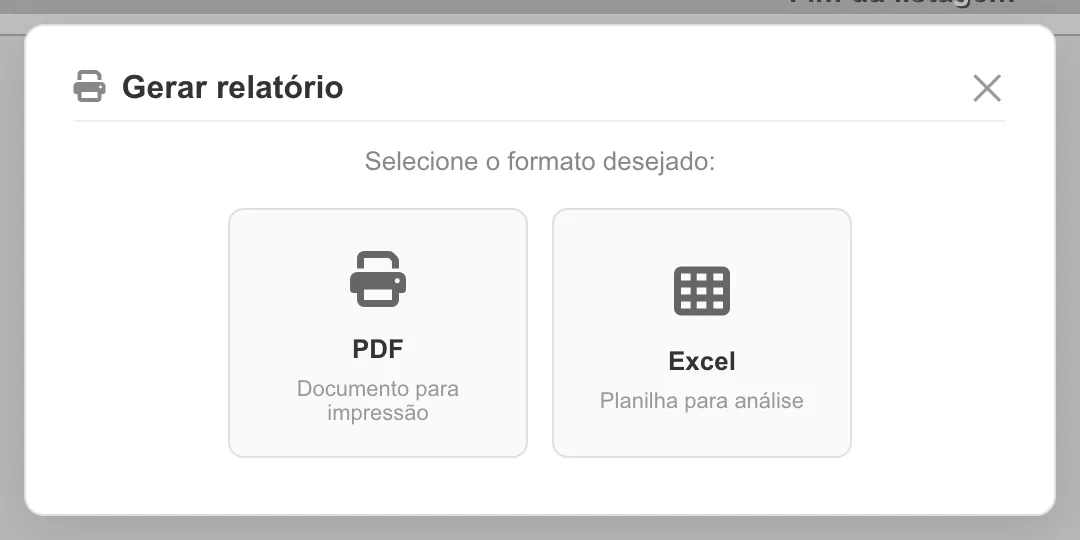 Janela Gerar relatório sobre a lista de compras, com as opções PDF (documento para impressão) e Excel (planilha para análise)