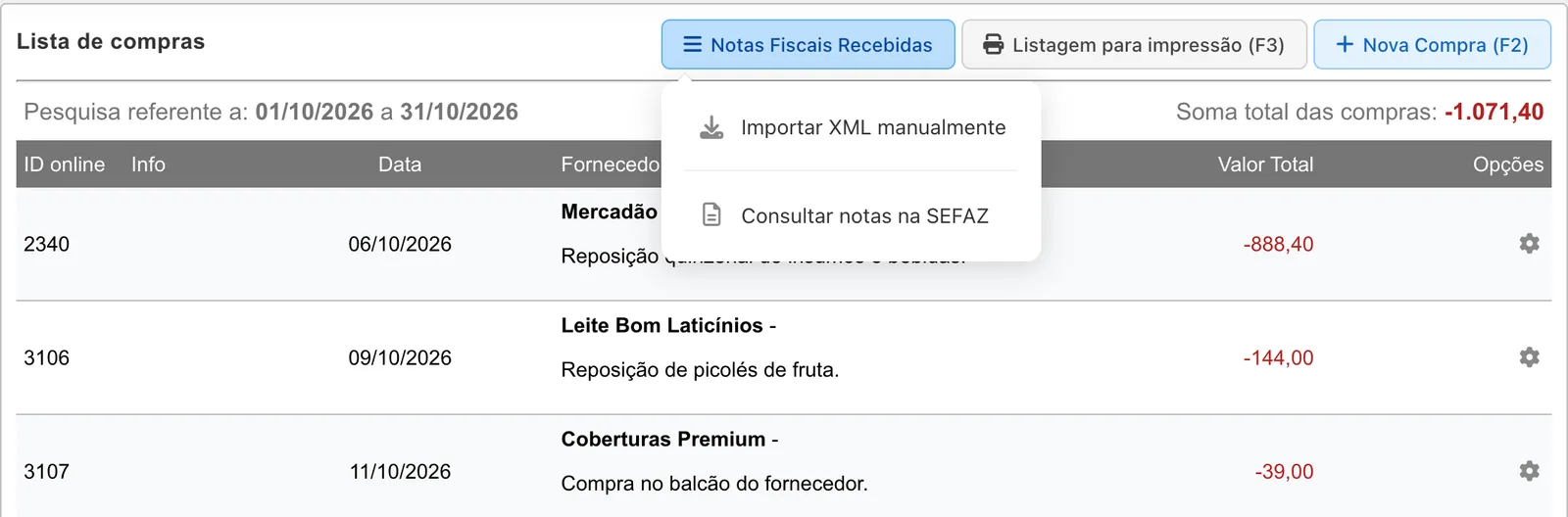 Lista de compras de outubro com o botão Notas Fiscais Recebidas aberto, mostrando as opções Importar XML manualmente e Consultar notas na SEFAZ