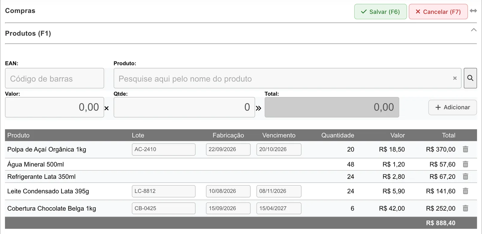 Painel Produtos (F1) de uma compra com campos EAN, Produto, Valor, Qtde e Total e a grade com cinco itens; Polpa de Açaí, Leite Condensado e Cobertura de Chocolate aparecem com lote, fabricação e vencimento; total de R$ 888,40