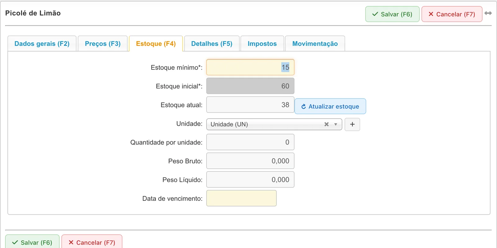 Aba Estoque do Picolé de Limão com estoque mínimo 15, estoque inicial 60, estoque atual 38 e o botão Atualizar estoque, além de unidade, quantidade por unidade, pesos e data de vencimento