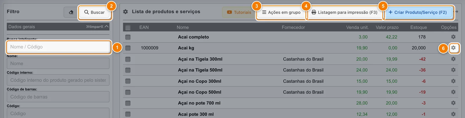 Lista de produtos com destaque numerado na busca inteligente, no botão Buscar, em Ações em grupo, Listagem para impressão, Criar Produto/Serviço e na engrenagem de uma linha