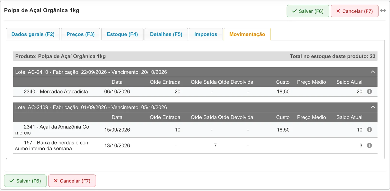 Aba Movimentação da Polpa de Açaí com total de 23 unidades, lote AC-2410 com vencimento 20/10/2026 e saldo 20, e lote AC-2409 vencido em 05/10/2026 com entrada de 10, saída de 7 e saldo 3