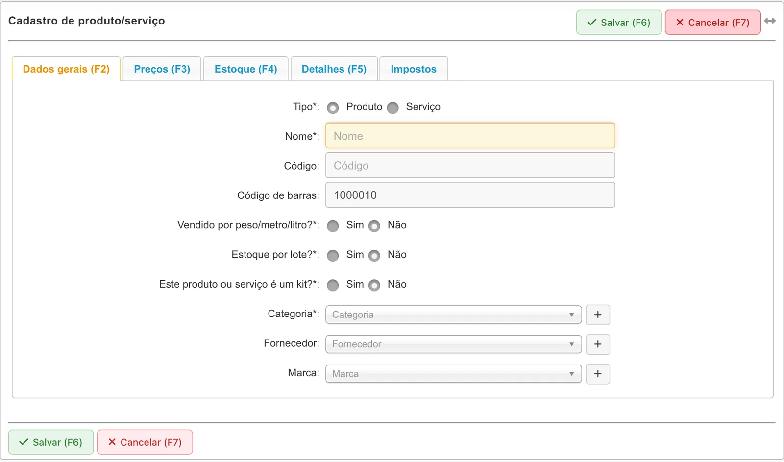Formulário Cadastro de produto/serviço com as abas Dados gerais, Preços, Estoque, Detalhes e Impostos e os campos Tipo, Nome, Código, Código de barras, peso, lote, kit, Categoria, Fornecedor e Marca