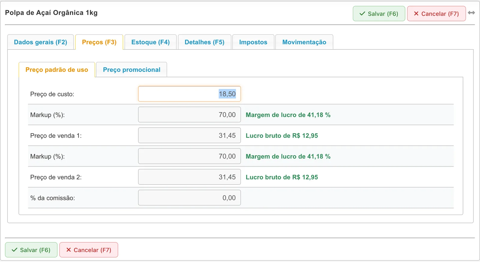 Aba Preços, subaba Preço padrão de uso, com preço de custo 18,50, markup 70,00, preço de venda 1 e 2 de 31,45 e os indicadores Margem de lucro de 41,18% e Lucro bruto de R$ 12,95