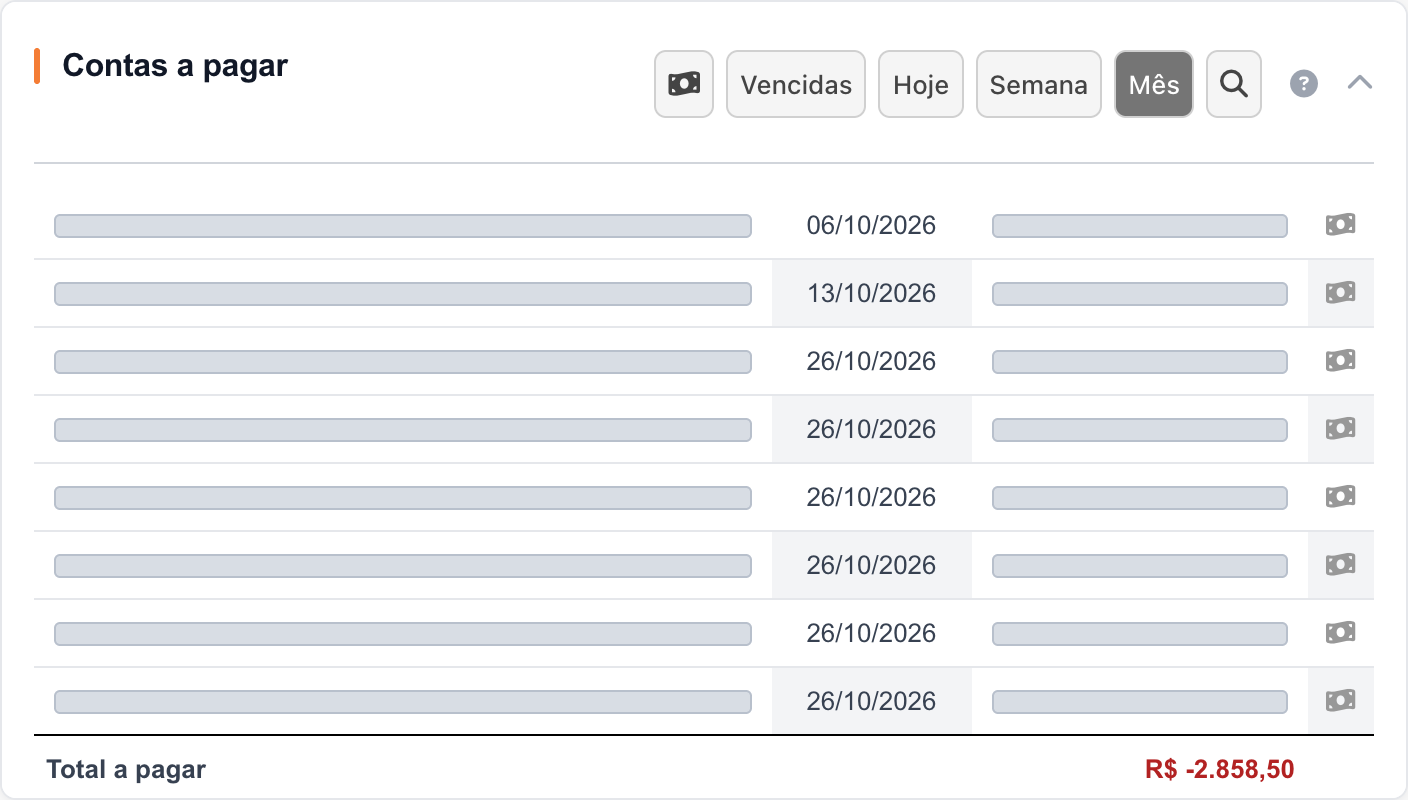 Painel Contas a pagar na interface real.