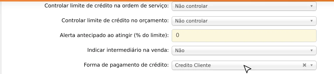 Configurações gerais da web com o campo Forma de pagamento de crédito preenchido com Credito Cliente