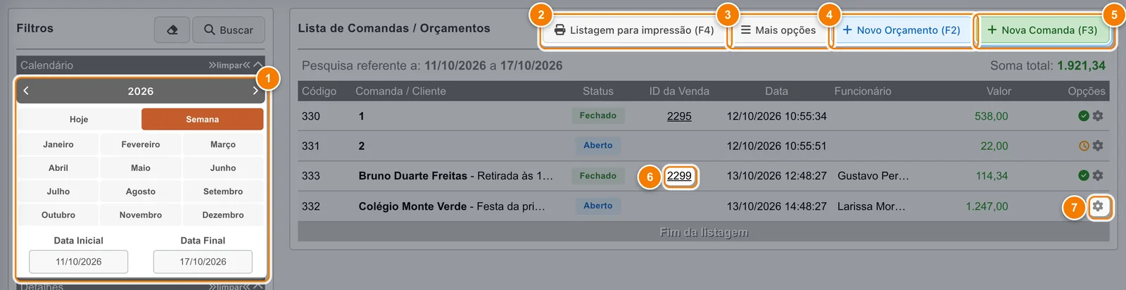 Tela Lista de Comandas / Orçamentos com o calendário na semana (1), os botões Listagem para impressão (2), Mais opções (3), Novo Orçamento (4) e Nova Comanda (5), o número da venda 2299 na coluna ID da Venda (6) e a engrenagem do orçamento 332 (7).